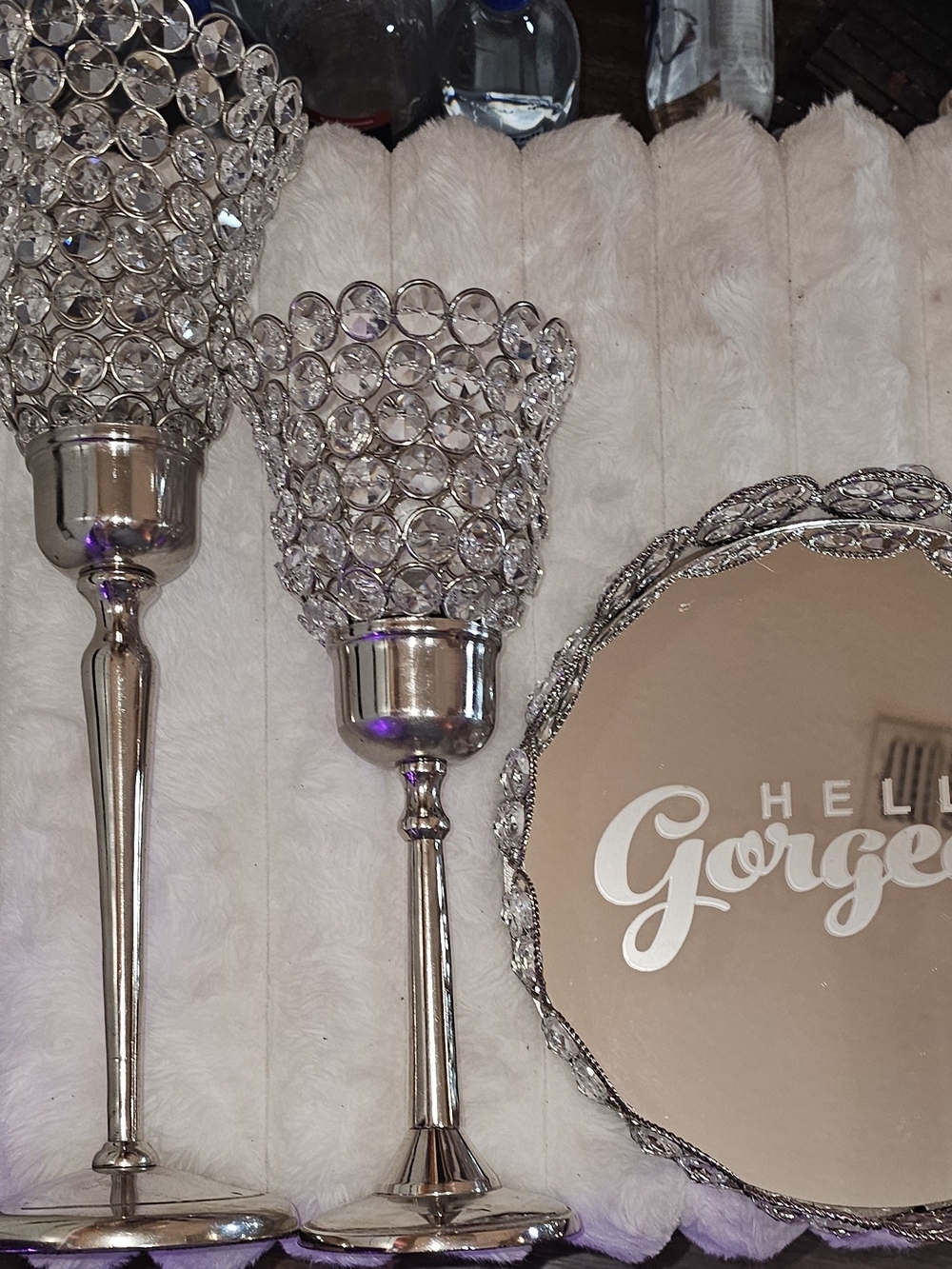 Silver Crystal Accent Sconces And Tray. Tray w/ Hello Gorgeous/ 3 Pcs - Picture 2 of 9